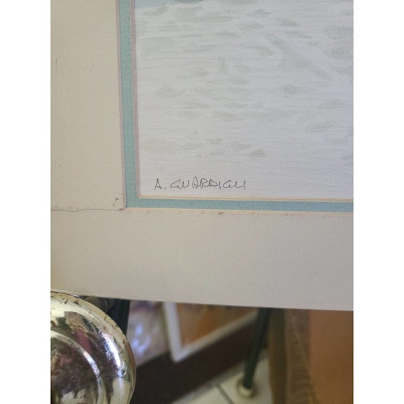 Vintage A. Guardieli Art Print Ocean Boat Mountain Embossed Texture #1 - Picture 3 of 7